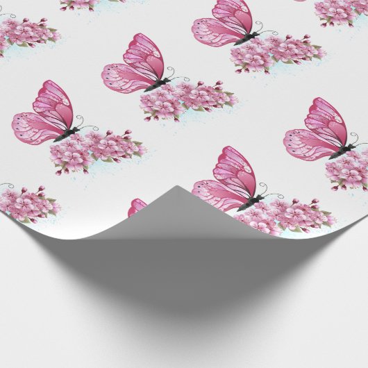 Blume Schmetterling mit rosa Sakura Geschenkpapier (Ecke)