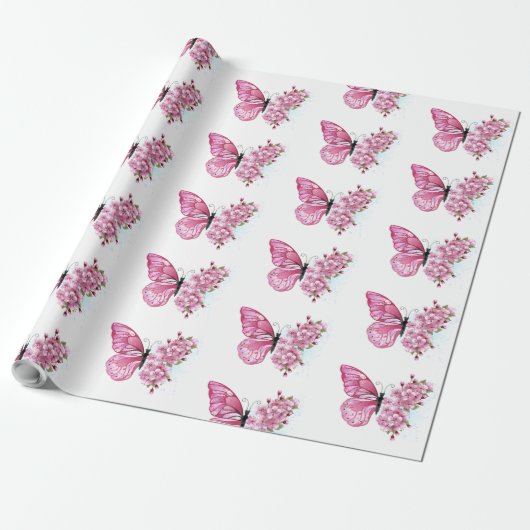 Blume Schmetterling mit rosa Sakura Geschenkpapier (Ungerollt)