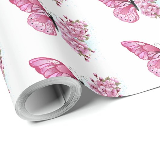 Blume Schmetterling mit rosa Sakura Geschenkpapier (Rolleneckpunkt)