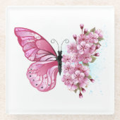 Blume Schmetterling mit rosa Sakura Glasuntersetzer (Vorderseite)