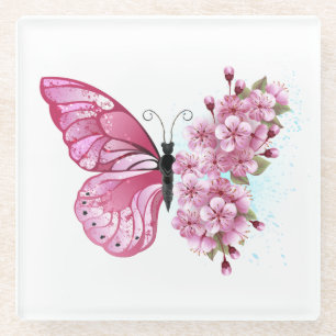 Blume Schmetterling mit rosa Sakura Glasuntersetzer