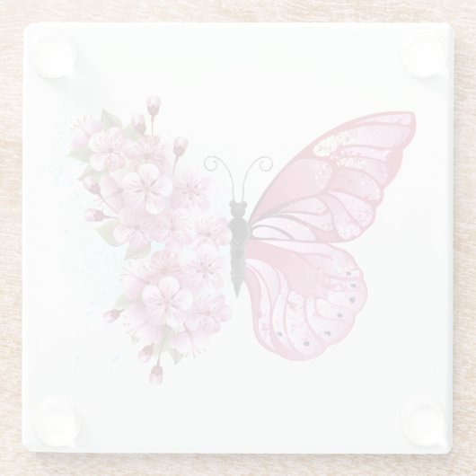 Blume Schmetterling mit rosa Sakura Glasuntersetzer (Rückseite)