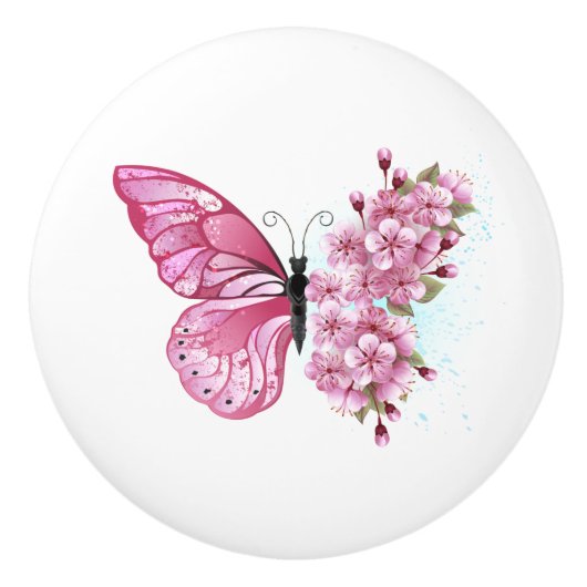 Blume Schmetterling mit rosa Sakura Keramikknauf (Vorderseite)