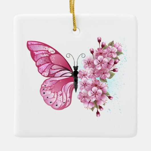 Blume Schmetterling mit rosa Sakura Keramikornament (Vorderseite)