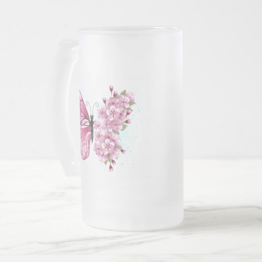 Blume Schmetterling mit rosa Sakura Mattglas Bierglas (Vorderseite Links)