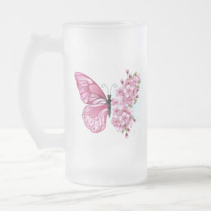Blume Schmetterling mit rosa Sakura Mattglas Bierglas