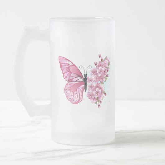 Blume Schmetterling mit rosa Sakura Mattglas Bierglas (Links)