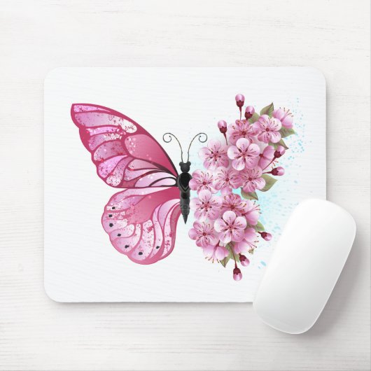 Blume Schmetterling mit rosa Sakura Mousepad (Mit Mouse)