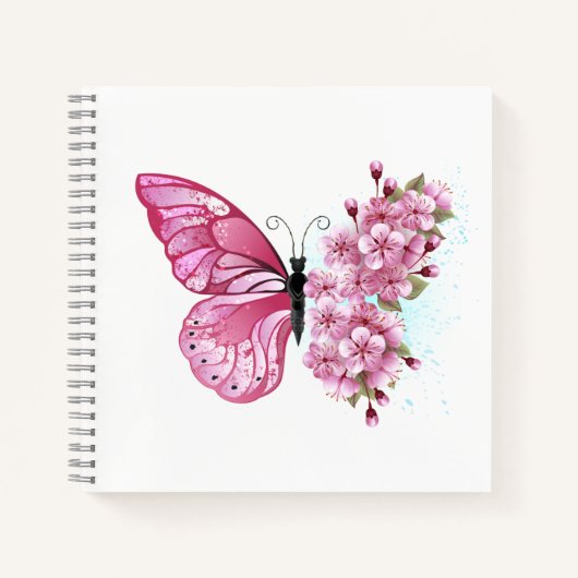 Blume Schmetterling mit rosa Sakura Notizblock (Vorderseite)
