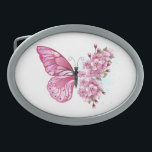 Blume Schmetterling mit rosa Sakura Ovale Gürtelschnalle<br><div class="desc">Blume des rosa Schmetterlings mit rosafarbenen japanischen Kirschblüten auf weißem Hintergrund.</div>