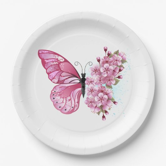 Blume Schmetterling mit rosa Sakura Pappteller (Vorderseite)
