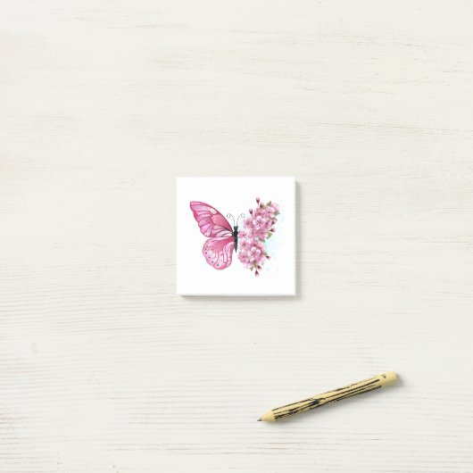 Blume Schmetterling mit rosa Sakura Post-it Klebezettel (Auf Schreibtisch)