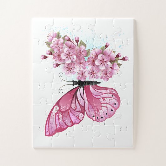 Blume Schmetterling mit rosa Sakura Puzzle (Vertikal)