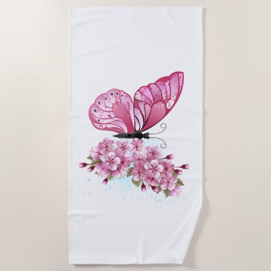 Blume Schmetterling mit rosa Sakura Strandtuch (Vorderseite)