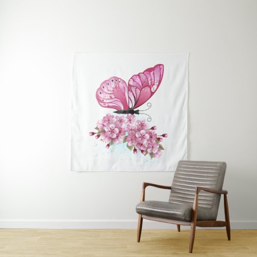 Blume Schmetterling mit rosa Sakura Wandteppich (Beispiel (Horizontal))