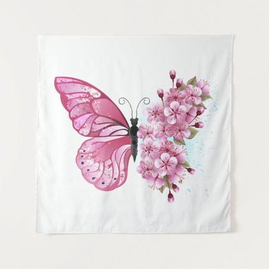 Blume Schmetterling mit rosa Sakura Wandteppich (Vorderseite)