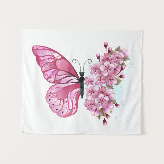 Blume Schmetterling mit rosa Sakura Wandteppich (Vorderseite (Horizontal))