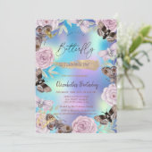 Blume Schmetterlinge Holografischer Geburtstag Einladung (Stehend Vorderseite)