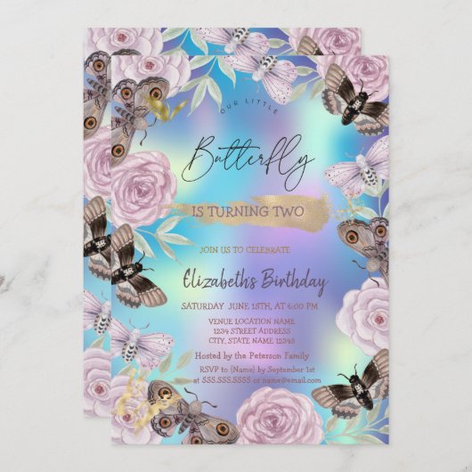 Blume Schmetterlinge Holografischer Geburtstag Einladung (Vorne/Hinten)