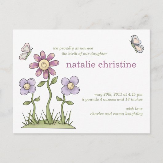 Blume & Schmetterlinge ・ Kinderankündigung Ankündigungspostkarte (Vorderseite)