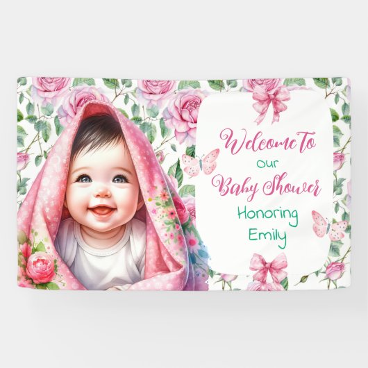 Blume & Schmetterlinge Rosa Babydusche Empfang Banner (Horizontal)