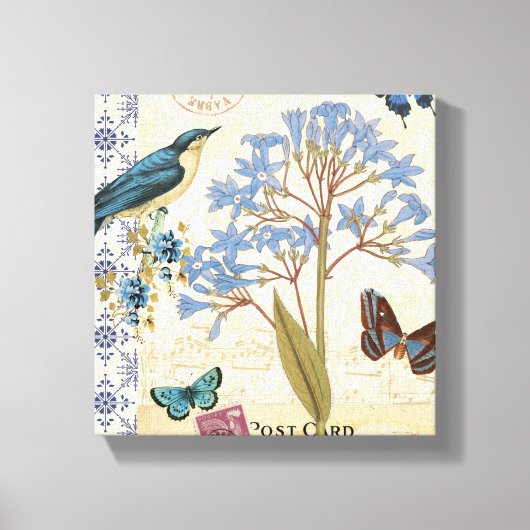 Blume, Schmetterlinge und Vogelkollage Leinwanddruck (Vorderseite)