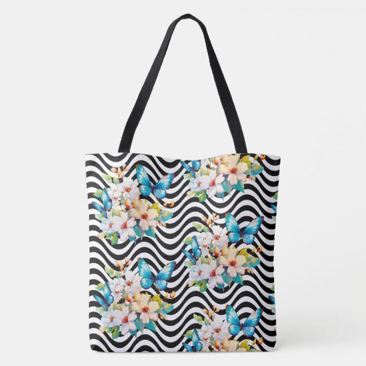 Blume Schmetterlingsmuster Schwarz-weiße Wavy Stri Tasche (Rückseite)