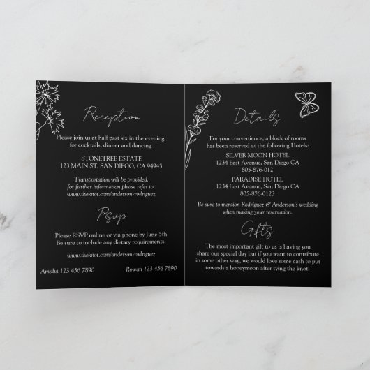 Blume Schwarz und Weiß All-in-One Hochzeit Einladung (Innenseite)