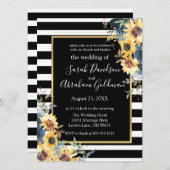 Blume Schwarz-Weiß Streifen Sonnenblumen Hochzeit Einladung (Vorne/Hinten)