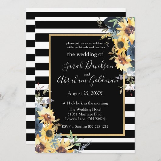Blume Schwarz-Weiß Streifen Sonnenblumen Hochzeit Einladung (Vorne/Hinten)