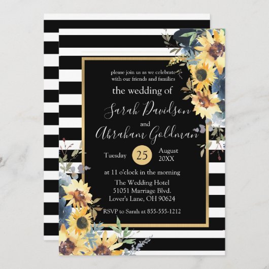 Blume Schwarz-Weiß Streifen Sonnenblumen Hochzeit Einladung (Vorne/Hinten)