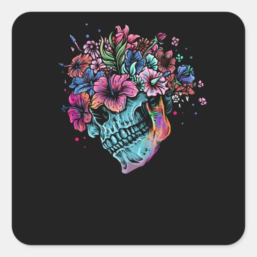 Blume Skull Quadratischer Aufkleber (Vorderseite)