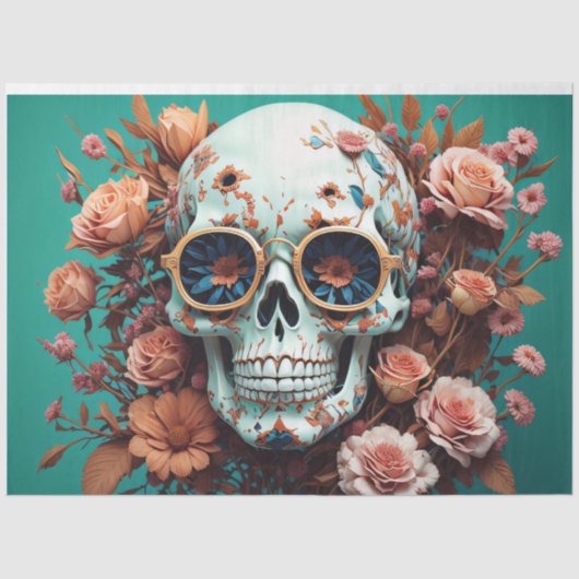 Blume Skull Türkis Tissue Paper Mousseline Seidenpapier (Vorderseite)