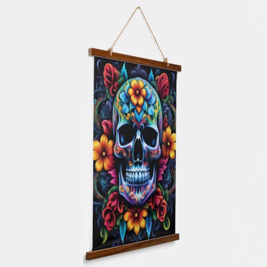 Blume Skull Wall Tapestry Wandteppich Mit Holzrahmen (Gewinkelt)