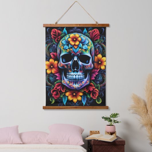 Blume Skull Wall Tapestry Wandteppich Mit Holzrahmen (Schlafzimmer)