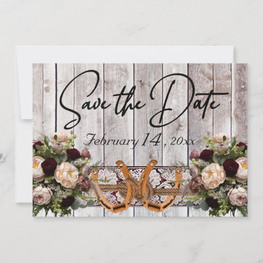 Blume, Spitzen & Horseshoes Burgundy Ribbon Weddin Save The Date (Vorderseite)