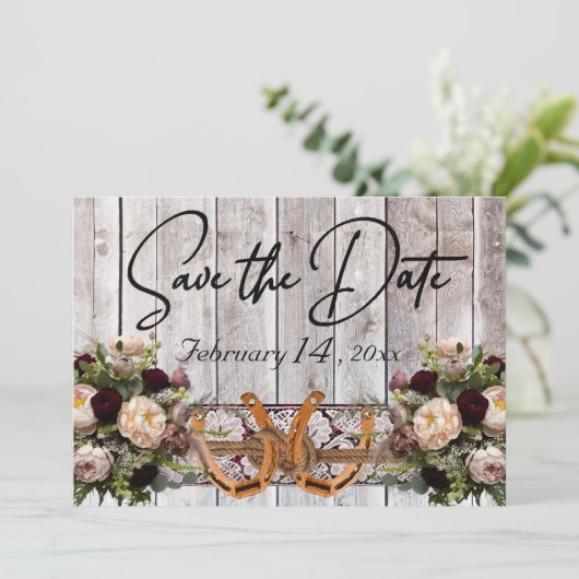 Blume, Spitzen & Horseshoes Burgundy Ribbon Weddin Save The Date (Stehend Vorderseite)
