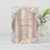 Blume, Spitzen, Tiara Quinceañera Einladung (Stehend Vorderseite)