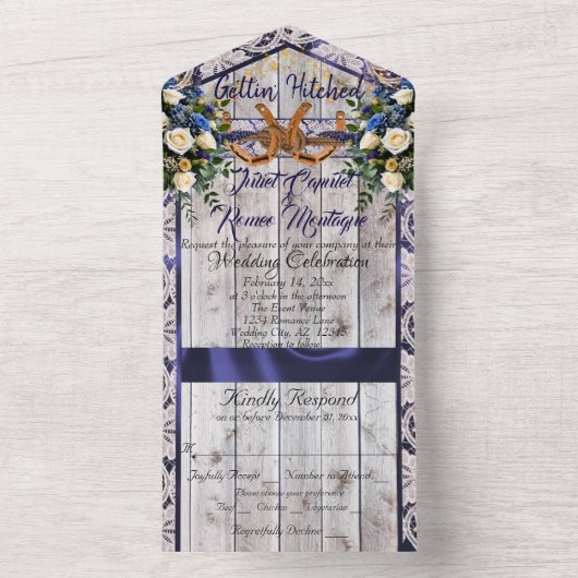 Blume, Spitzen und Hufeisen, blaues Band All In One Einladung (Innen Boden)