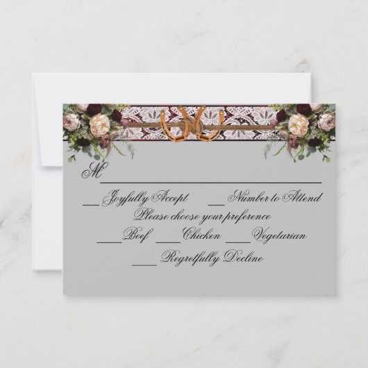 Blume, Spitzen und Hufeisen, Burgund-Band RSVP Karte (Rückseite)