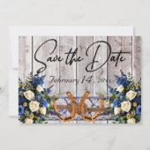 Blume, Spitzen und Hufeisen Hochzeit mit blauen Ri Save The Date (Vorderseite)