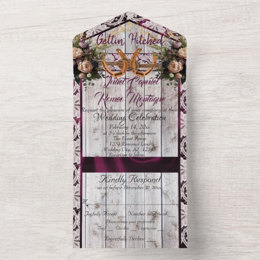 Blume, Spitzen und Hufeisen, Lila Band All In One Einladung (Innen Boden)