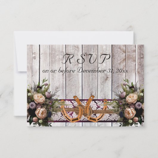 Blume, Spitzen und Hufeisen, Lila Hochzeit mit Rib RSVP Karte (Vorderseite)