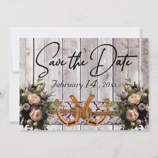Blume, Spitzen und Hufeisen, Lila Hochzeit mit Rib Save The Date (Vorderseite)