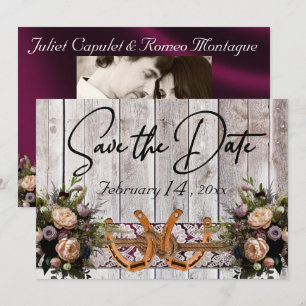 Blume, Spitzen und Hufeisen, Lila Hochzeit mit Rib Save The Date