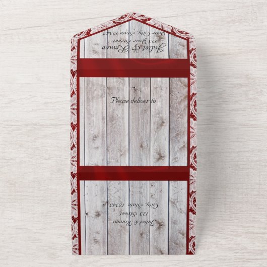 Blume, Spitzen und Hufeisen, rotes Band All In One Einladung (Außenbereich)