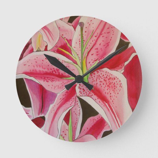Blume Stargazer rosa Lilie Aquarellkunst Runde Wanduhr (Vorderseite)