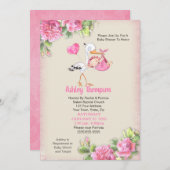 Blume Storch und Wasserfarbe Girls Babydusche Einladung (Vorne/Hinten)