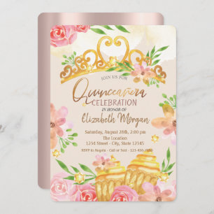 Blume, Süßigkeiten, Rose Gold Quinceñera Einladung
