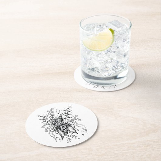 Blume Tangle Art, gezeichnet -  Runder Pappuntersetzer (Vor Ort)